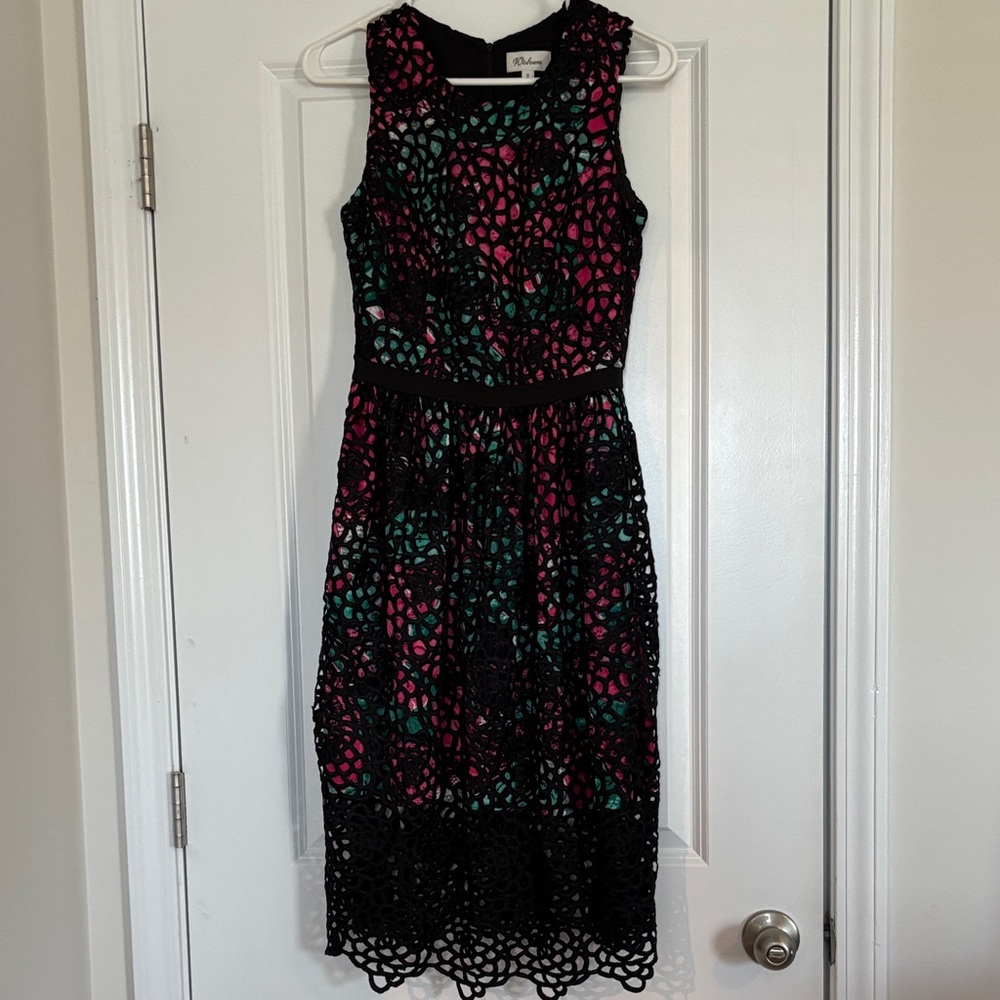 Anthropologie Wolven Black and Pink Floral Lace Midi Dress